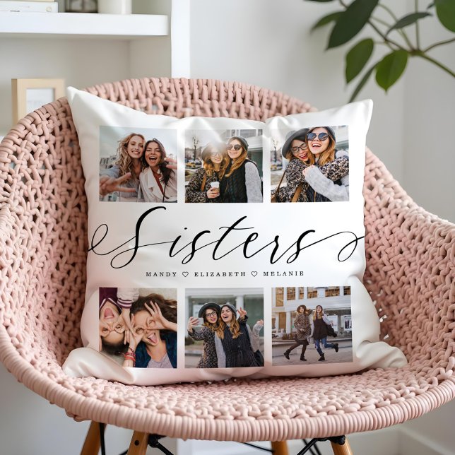 Coussin Script Soeurs | Cadeau Pour Soeurs Photo Collage (Sisters Script | Gift For Sisters Photo Collage Throw Pillow)