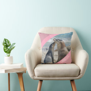 Coussin Sea Lion & Baby Pup Australie, mignonne rose