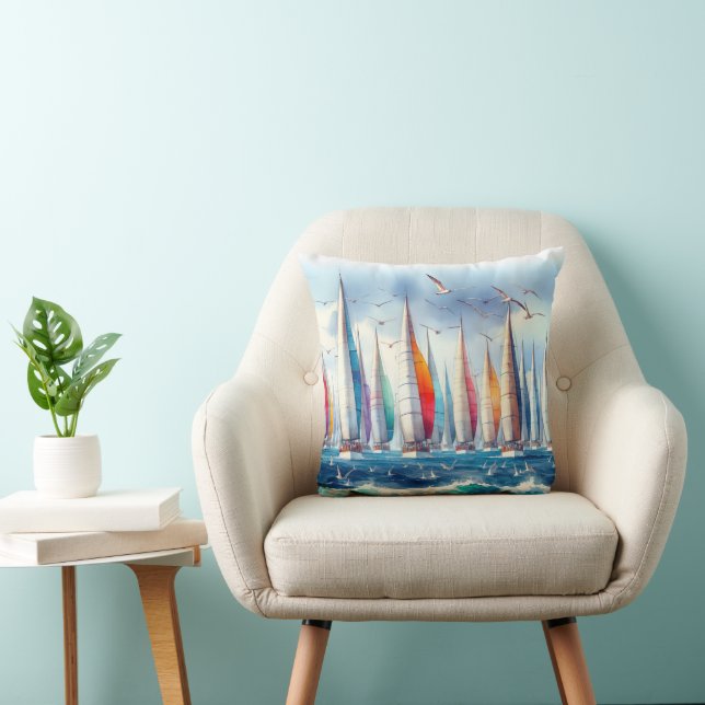 Coussin Seagulls Soaring With a Sailboat Regatta (Chaise)