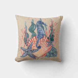 Coussin Seahorse Seashell Bleu Orange Beige Océan Vie mari