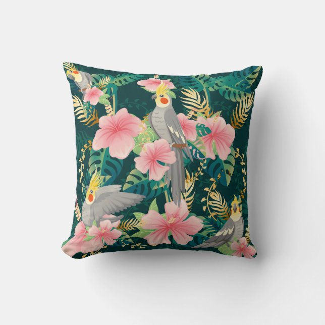 Coussin Seamless pattern cute cockatiel parrot sits on gre (Recto)