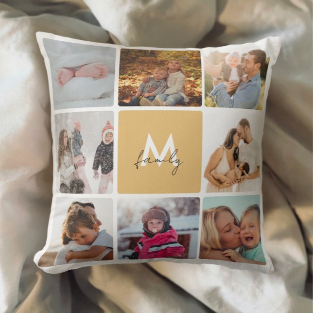 Coussin Seize Photo Collage Simple Famille Monogramme (Créateur téléchargé)