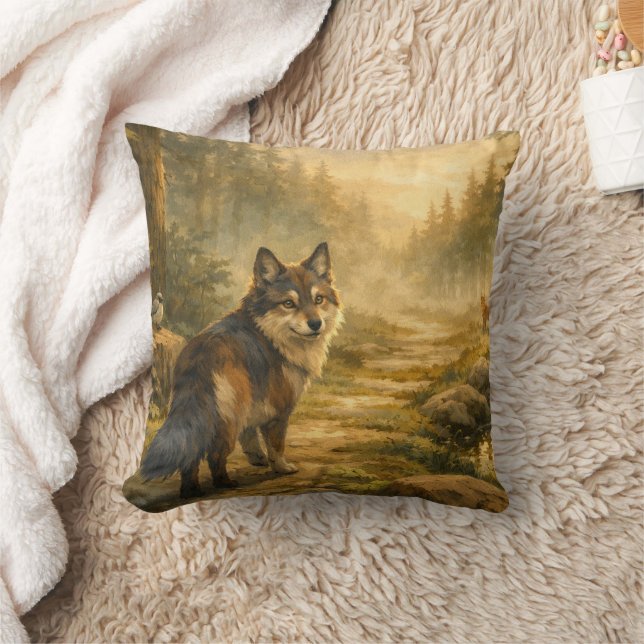 Coussin Sentier forestier et loup du lac brumeux Design do (Couverture)