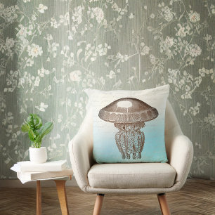 Coussin Sepia Man O War sur Sky Blue et White avec écritur