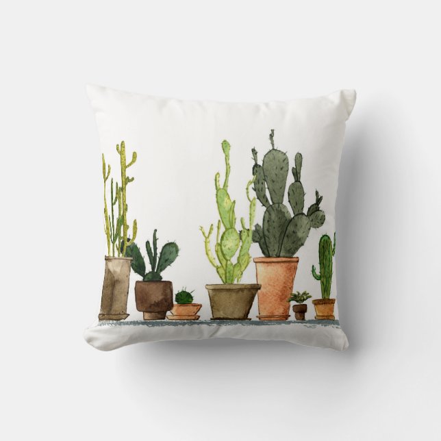 Coussin Sept cactus d'aquarelle vert dessinés à la main en (Recto)