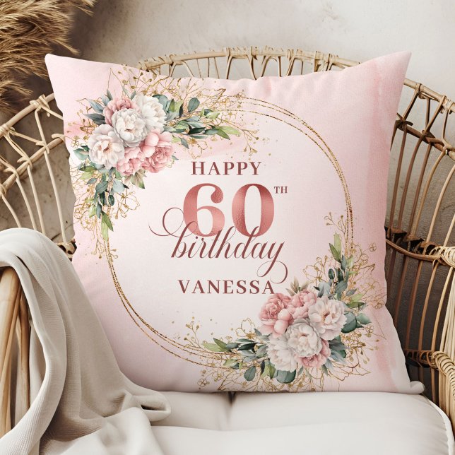 Coussin Serene Dusty Rose Eucalyptus Boho 60e anniversaire (Serene Dusty Pink Eucalyptus Boho 60th birthday pillow)