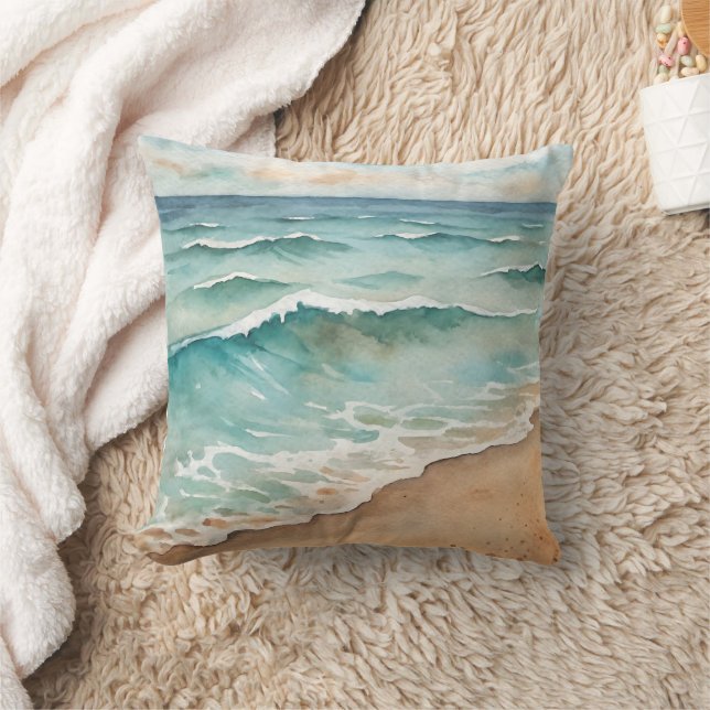 Coussin Serene Watercolor Beach Waves - Ocean Vibes (Couverture)
