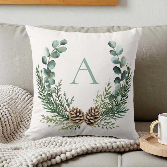 Coussin Serre d'aquarelle rustique Noël personnalisé (Rustic Watercolor Wreath Personalized Christmas Throw Pillow)