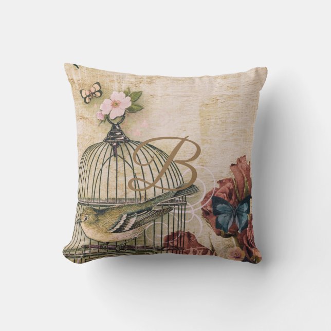 Coussin shabby chic, collage vintage, oiseaux, papillons,  (Recto)