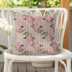 Coussin Shabby Chic Floral Grunge Rayures Rose