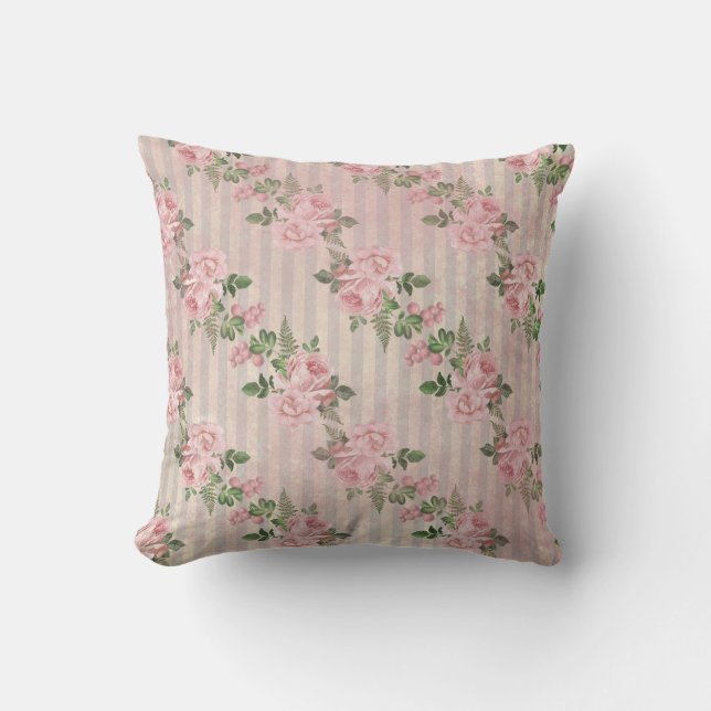 Coussin Shabby Chic Floral Grunge Stripes Rose (Recto)