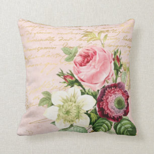 Coussin Shabby Chic Floral Script or sur Blush