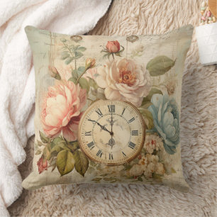 Coussin Shabby Chic Vintage Bleu Rose Floral Horloge