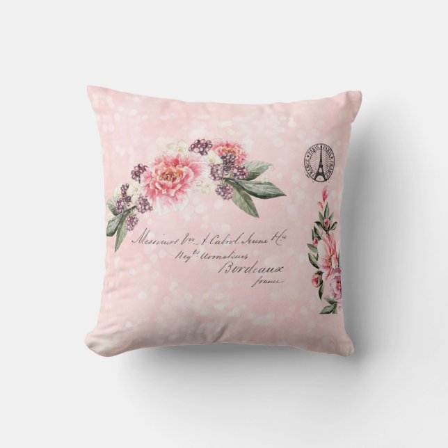 Coussin Shabby Rose Adresse en français Paris (Recto)