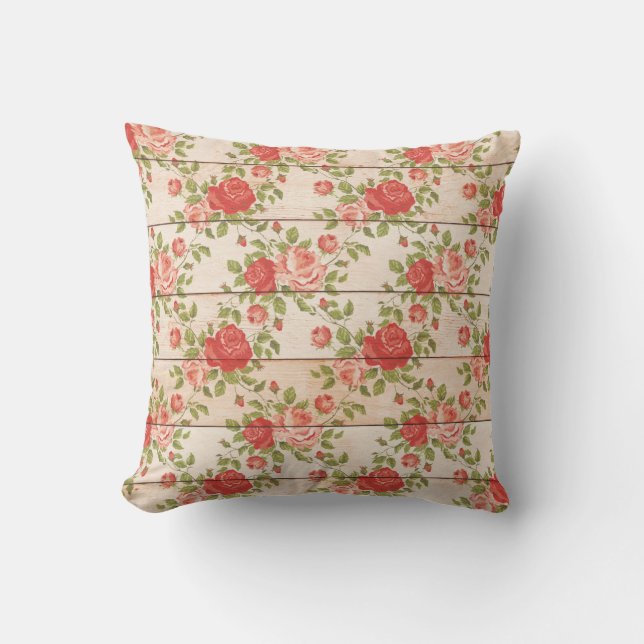 Coussin Shabby Rose rustique en lattes de bois (Recto)