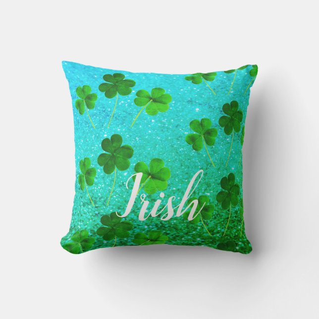 Coussin Shamrock de la Saint-Patrick Glittery Blue Green (Recto)