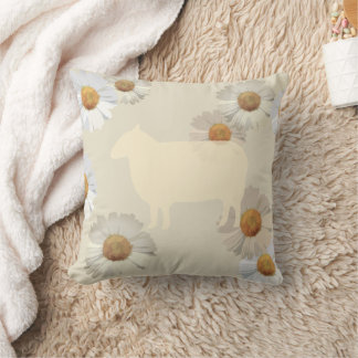 Coussin Sheep Silhouette and Floral Daisies Throw Pillow