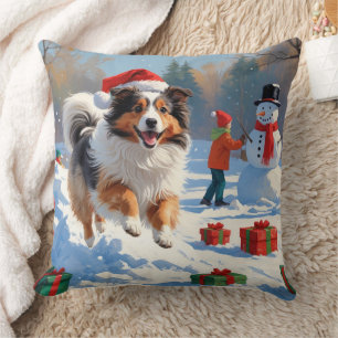 Coussin Shetland Sheepdog Courir La Neige Avec Le Casquett