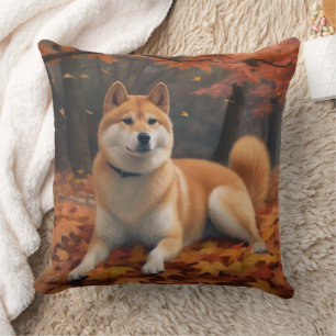 Coussin Shib Inu dans les feuilles d'automne tombent inspi