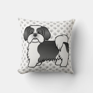 Coussin Shih Tzu noir et blanc, chien de dessin animé et p