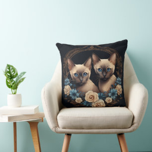 Coussin Siamese Chat Floral Design