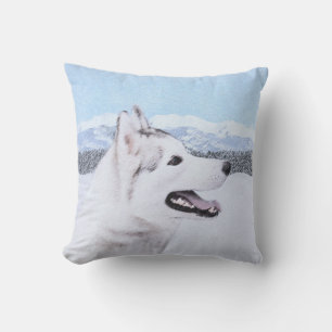 Coussin Sibérie Husky (argent et blanc) Peinture Chien Art