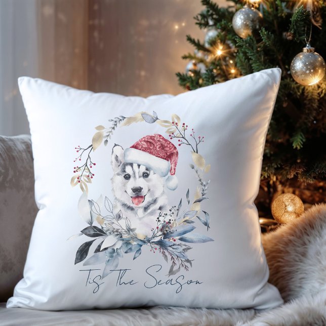 Coussin Sibérie Husky Chien Santa Hat Wreath Holiday (Créateur téléchargé)