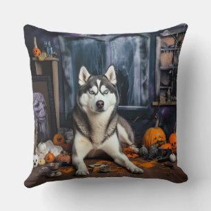 Coussin Sibérie Husky Citrouille Halloween effrayant