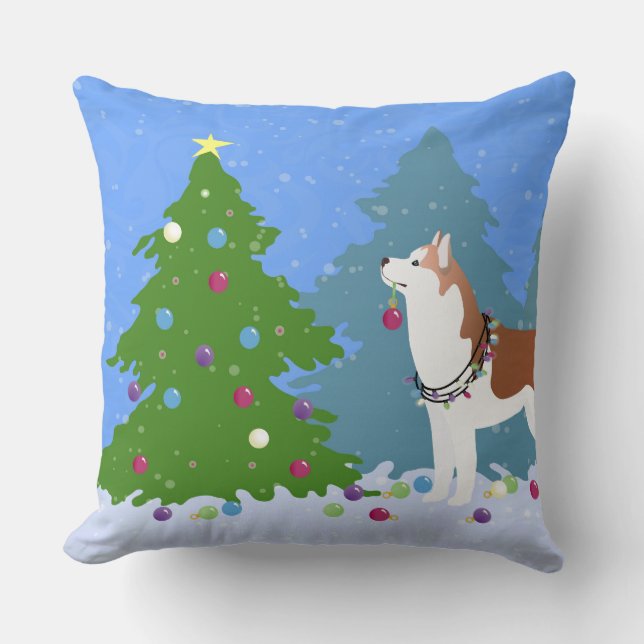 Coussin Sibérie Husky Décoration Arbre de Noël -Forêt (Recto)
