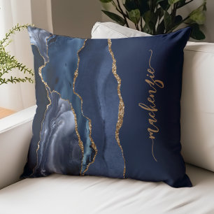 Coussin Signature Personnalisée Bleu Nuit Agate Or