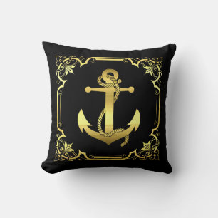 Coussin Silhouette d'ancre marine/or/carré noir