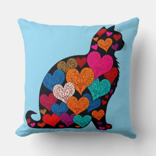 Coussin Silhouette de chat coloré avec motif de cœur vibra