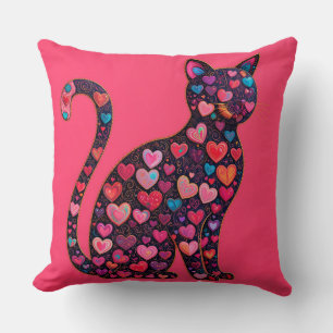Coussin Silhouette de chat colorée décorée de cœurs