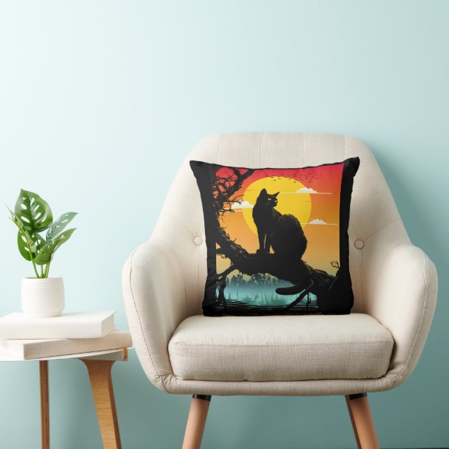 Coussin Silhouette de chat et d'arbre au coucher du soleil (Chaise)
