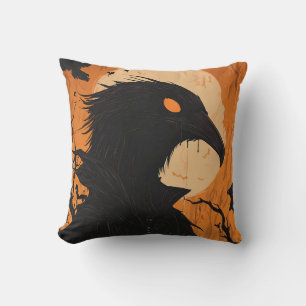 Coussin Silhouette de corbeau pleine lune noir orange Hall