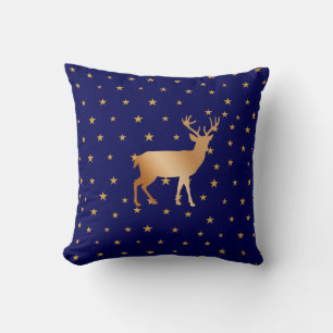 Coussin Silhouette de renne doré et étoiles sur fond bleu 