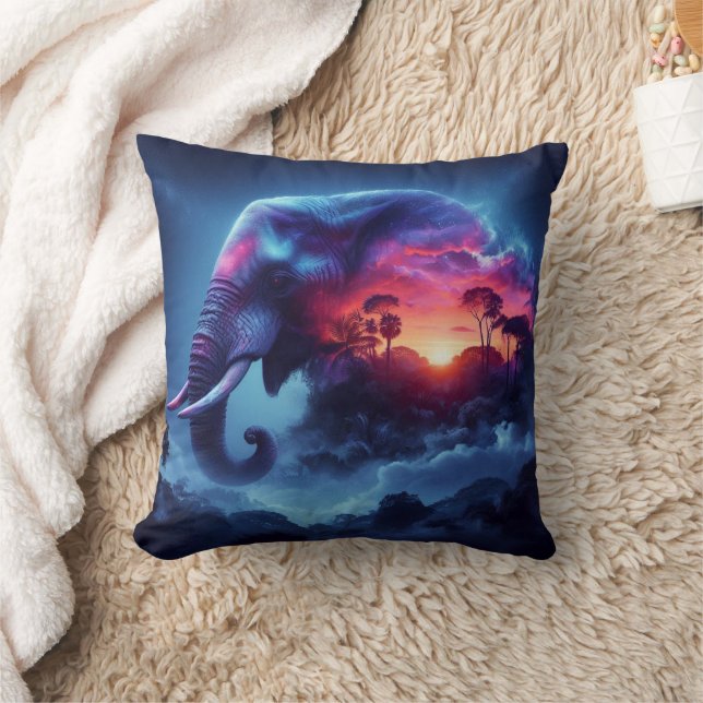 Coussin Silhouette d'éléphant fusionnée avec un coucher de (Couverture)