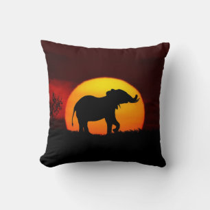 Coussin Silhouette d'éléphant sauvage & lever de soleil su