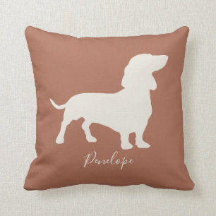 Coussin Silhouette minimaliste de teckel avec le nom