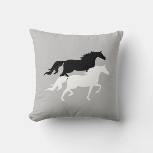 Coussin Silhouettes de cheval noir et blanc sur gris argen