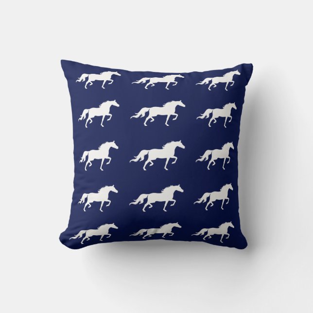 Coussin Silhouettes de chevaux blancs élégants sur fond bl (Recto)