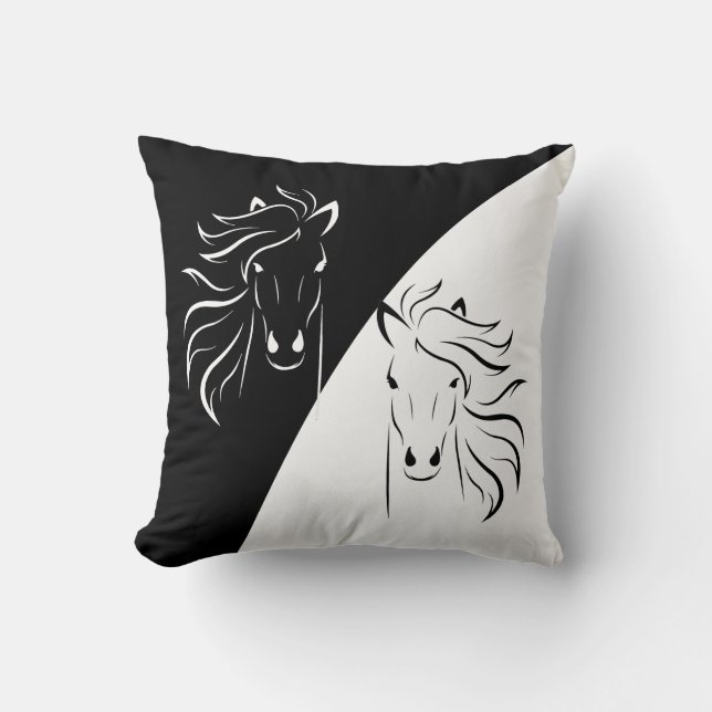 Coussin Silhouettes de chevaux sur fond abstrait noir et b (Recto)