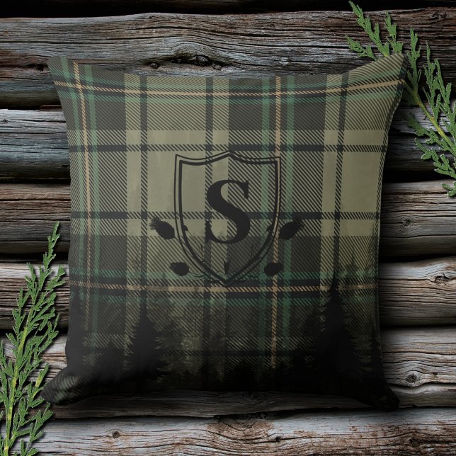 Coussin Silhouettes de pin Plaid Cabine cosy Monogramme (Créateur téléchargé)