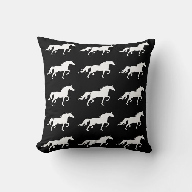Coussin Silhouettes élégantes de cheval blanc sur noir (Recto)