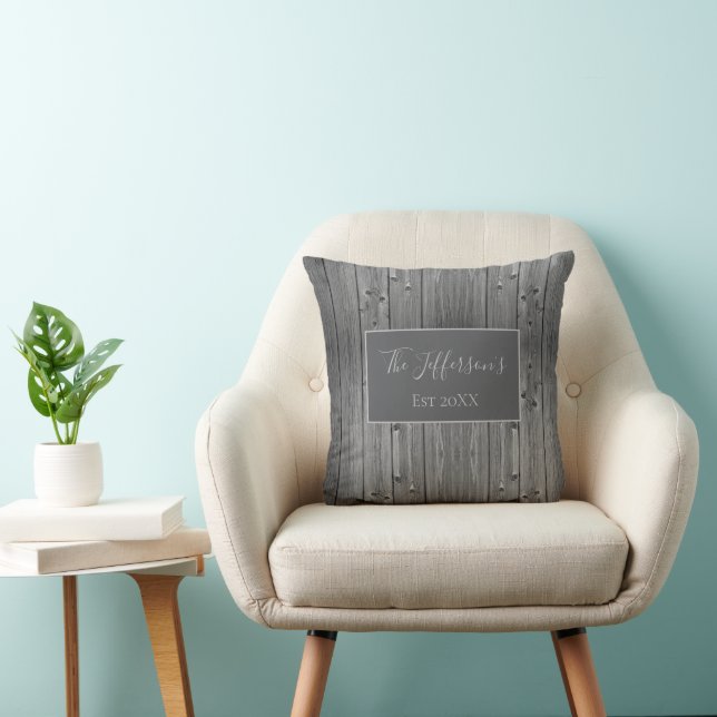 Coussin Silver Rustic Wood Farmhouse Nom de famille (Chaise)