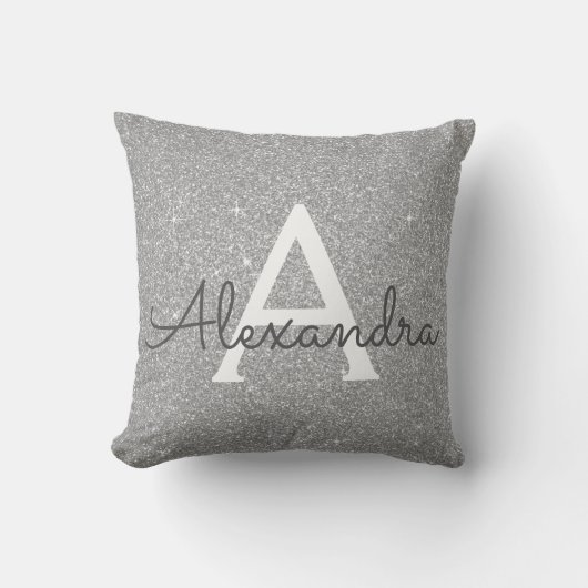 Coussin Silver Sparkle Glitter Monogram Name & Initial (Recto)