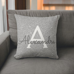 Coussin Silver Sparkle Glitter Monogram Name & Initial