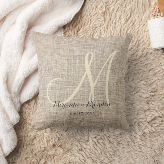 Coussin Simple Burlap Beige Rustique Monogramme (Couverture)