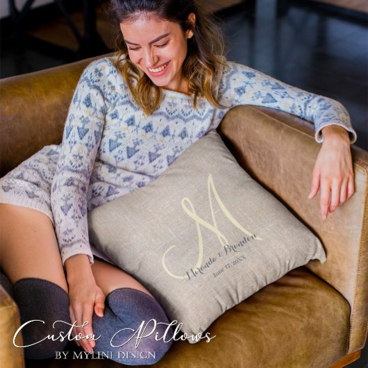 Coussin Simple Burlap Beige Rustique Monogramme