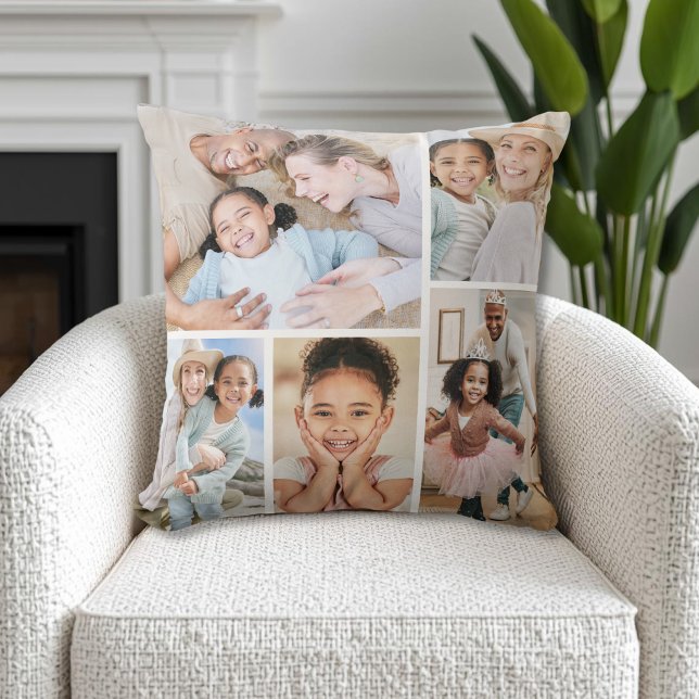 Coussin Simple Collage Photo de Famille Moderne (Simple Modern Family Photo Collage Throw Pillow)
